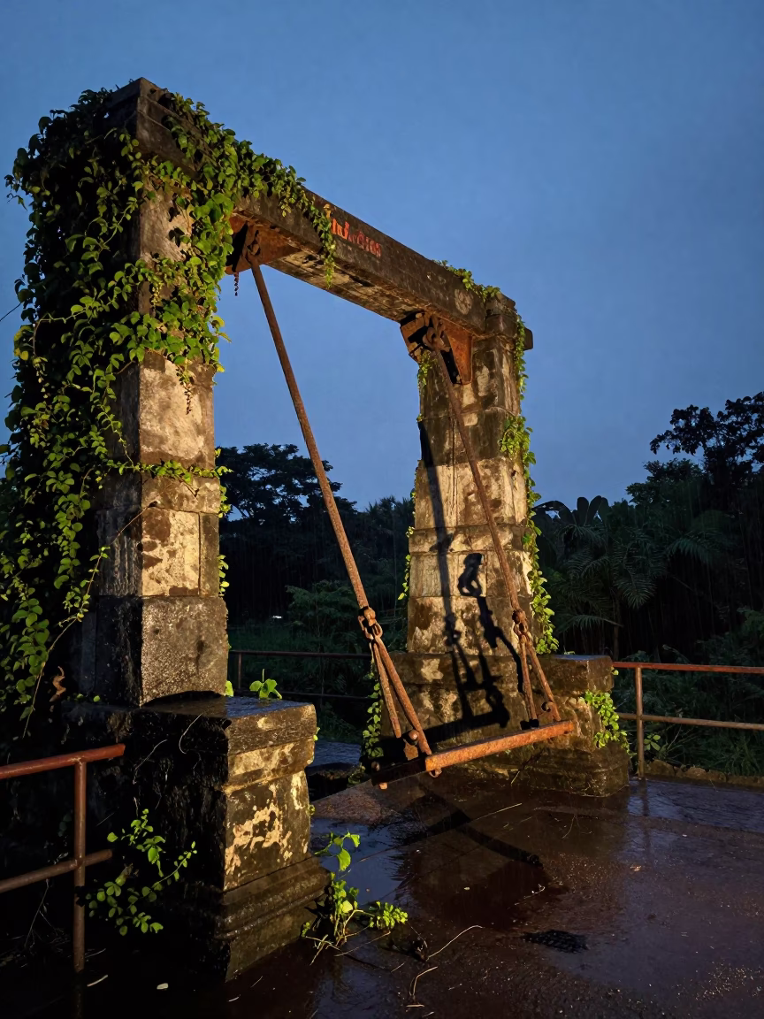 Derelict Swing Bridge in Evening Shadow Andhra Pradesh in beside ivy-draped masonry in Andhra Pradesh