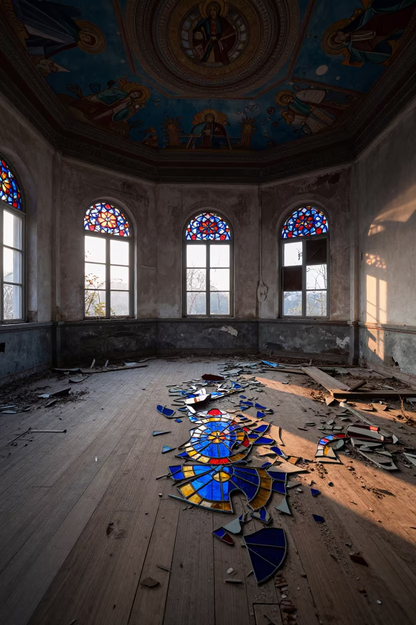 Derelict Synagogue Stained Glass Floor Fragments Ningbo in beneath a painted synagogue ceiling in Ningbo
