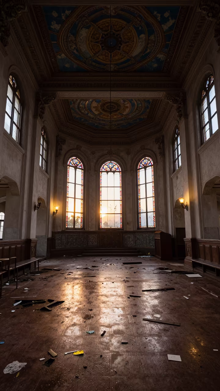 Derelict Synagogue Stained Glass Fukuoka Sunset in beneath a painted synagogue ceiling in Fukuoka