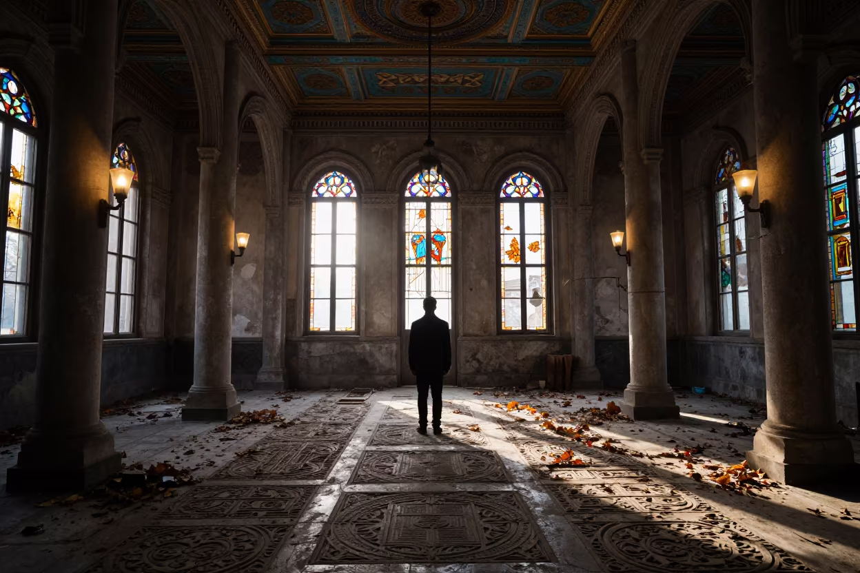 Derelict Tianjin Synagogue Stained Glass Morning Light in beneath a painted synagogue ceiling in Tianjin
