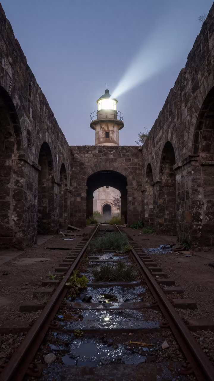 Derelict Tram Depot Under Predawn Lighthouse Sweep in among roofless stone chambers near Al Qadarif