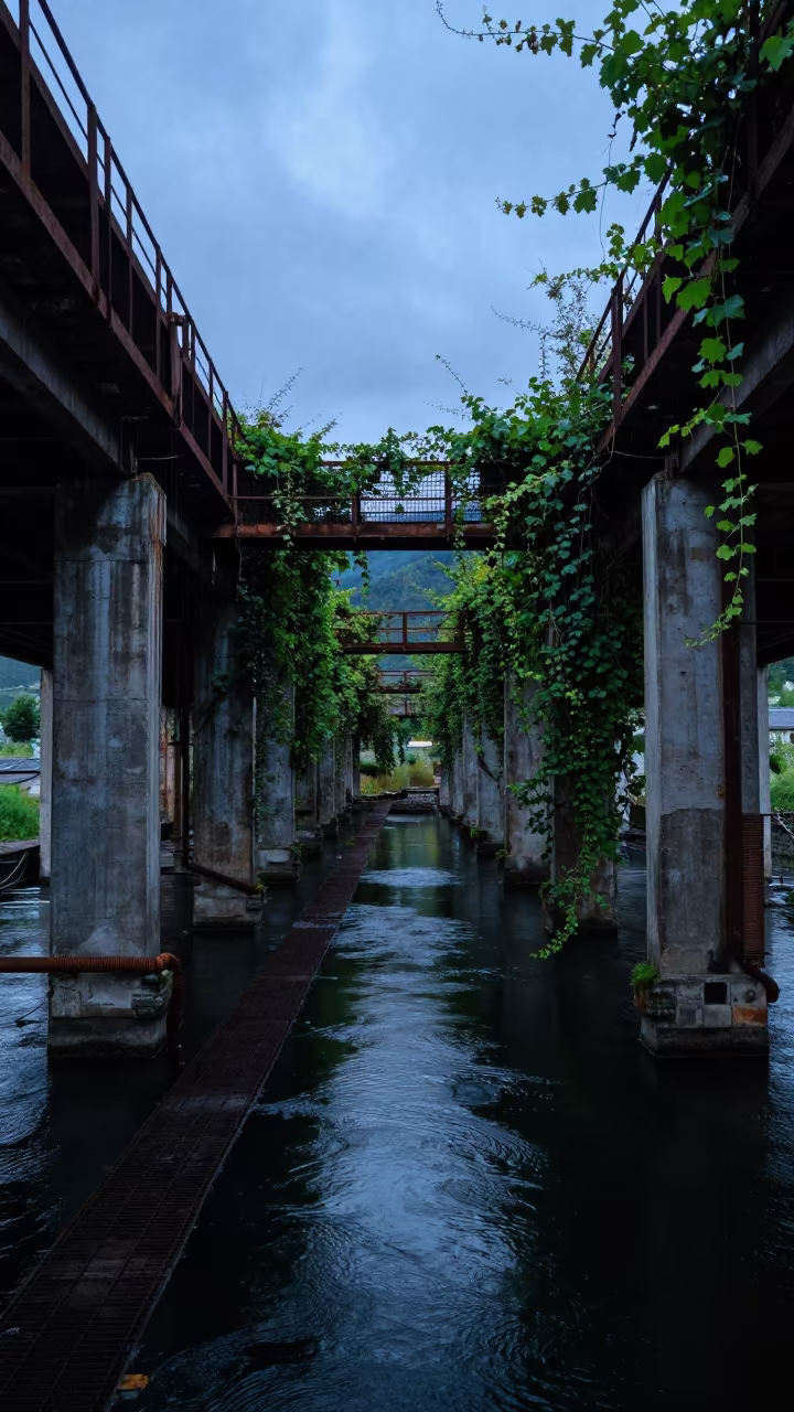 Derelict Warehouse Catwalk Over Black Water in along a vine-choked corridor in Andorra