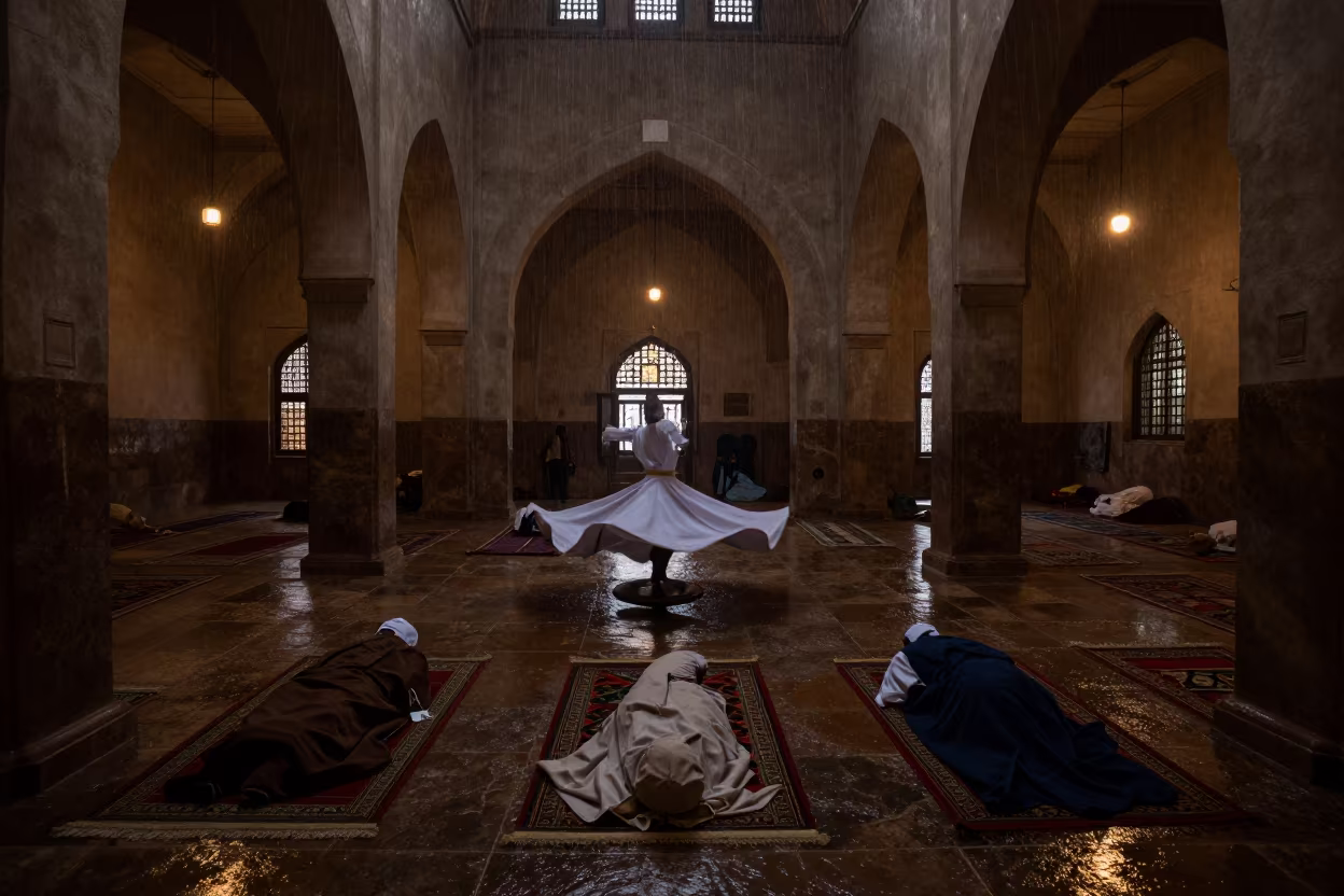 Dervish Robes in Jos Sufi Lodge Before Dawn in in a mosque prayer hall in Jos