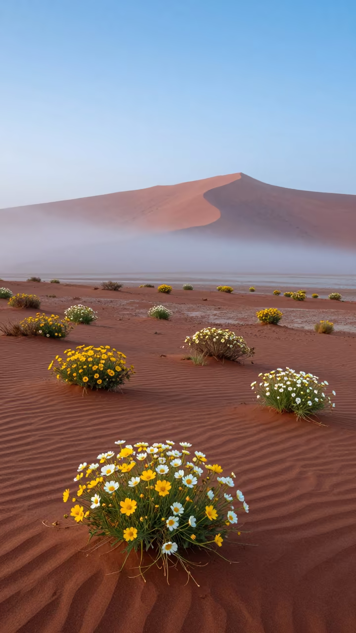 Desert Bloom After Rain on Namib Shoreline in along a wave-cut shoreline in Namibia