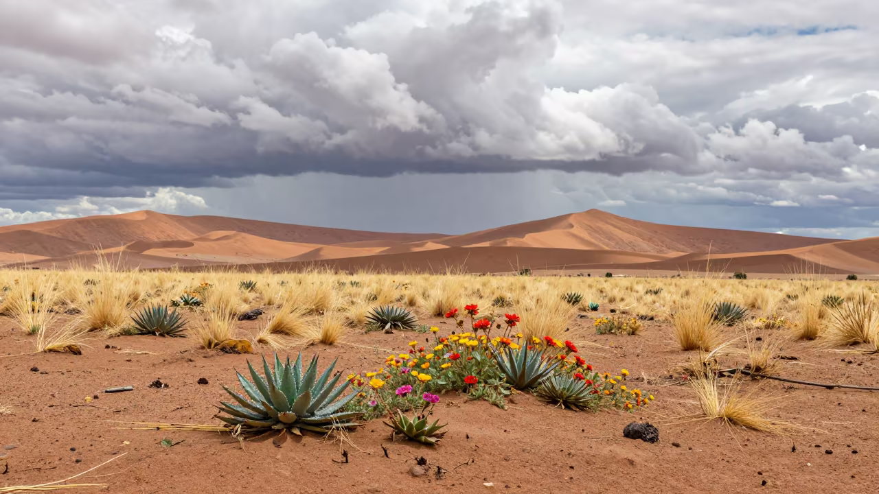 Desert Bloom After Rain Namibia Foothills in from a ridge above layered foothills in Namibia