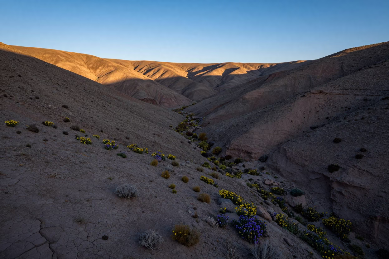 Desert Bloom Ridge Chile Early Morning in from a ridge above layered foothills in Chile