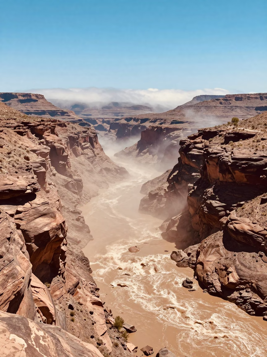 Desert Canyon Cloudburst Flash Flood Midday in through low marine fog near Phoenix