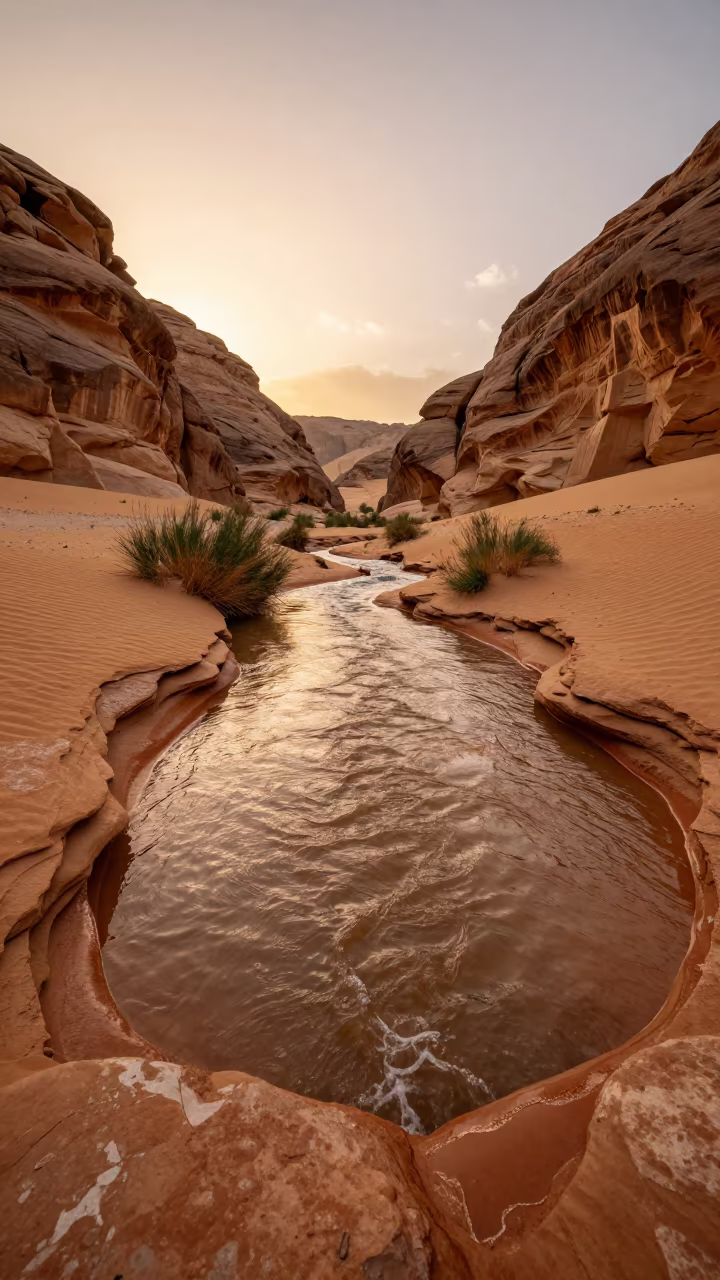Desert Canyon Spring Pool in Copper Light in across a floodplain after rain near Amman