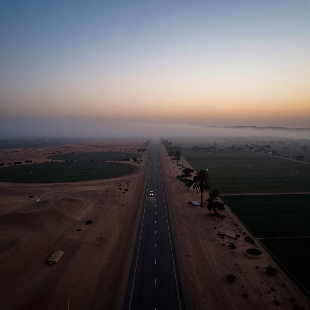 Desert Highway Silhouette Above Irrigation Fog in high above irrigation geometry near Nouakchott