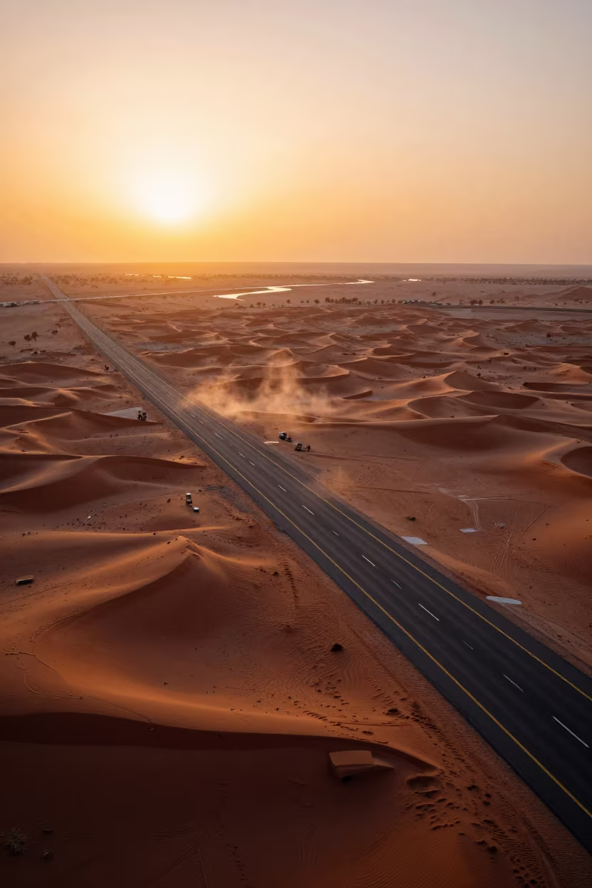 Desert Highway Vanishing Into Red Dunes at Golden Hour in far above river meanders near Bur Dubai, Dubai