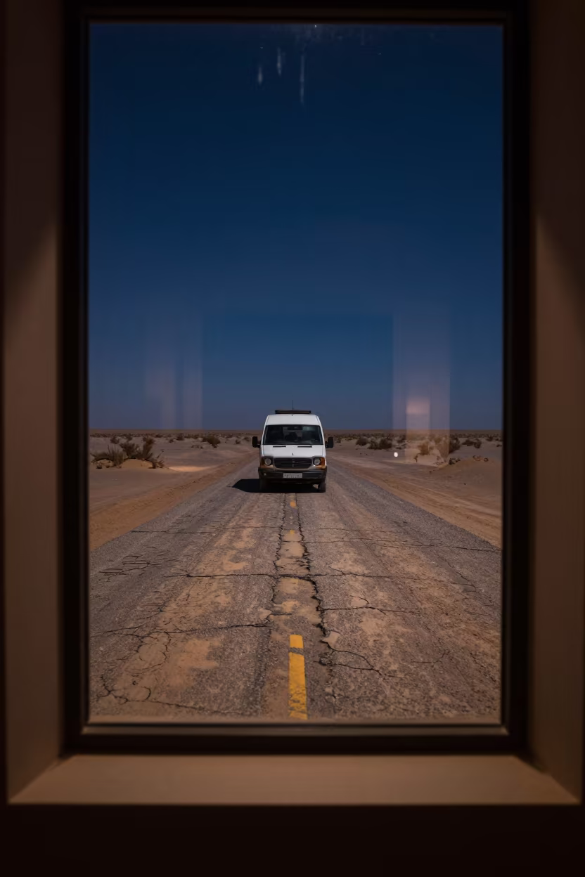 Desert Road Vanishing Into Darkness Under Starlight in on a museum plinth in Amman