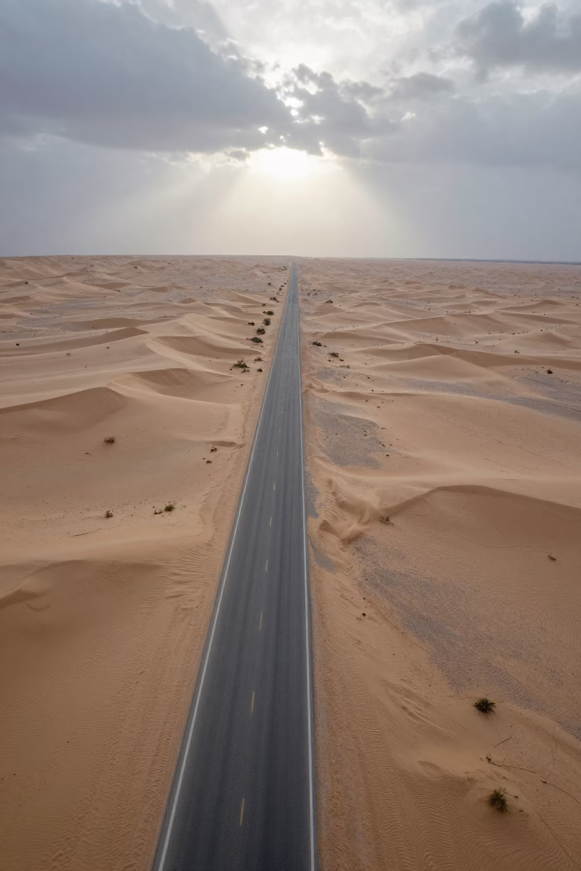 Desert Switchbacks Under Monsoon Light Near Jeddah in above dune fields and dry wadis near Jeddah
