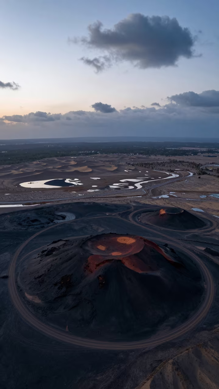 Desert Tracks Looping Volcanic Cones Twilight in above dune fields and dry wadis near Ason, Kathmandu