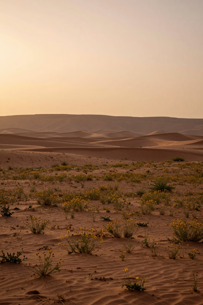 Desert Wildflowers in Copper Light Marrakech in from a ridge above layered foothills near Mellah, Marrakech