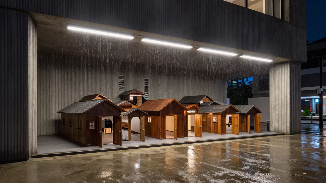 Deserted Village Lobby Doors Swing Midnight Rain in inside a ribbed concrete lobby in Geylang, Singapore