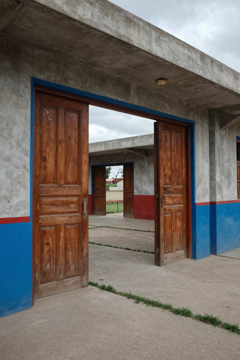 Deserted Village Lobby With Open Doors in inside a ribbed concrete lobby in Dire Dawa