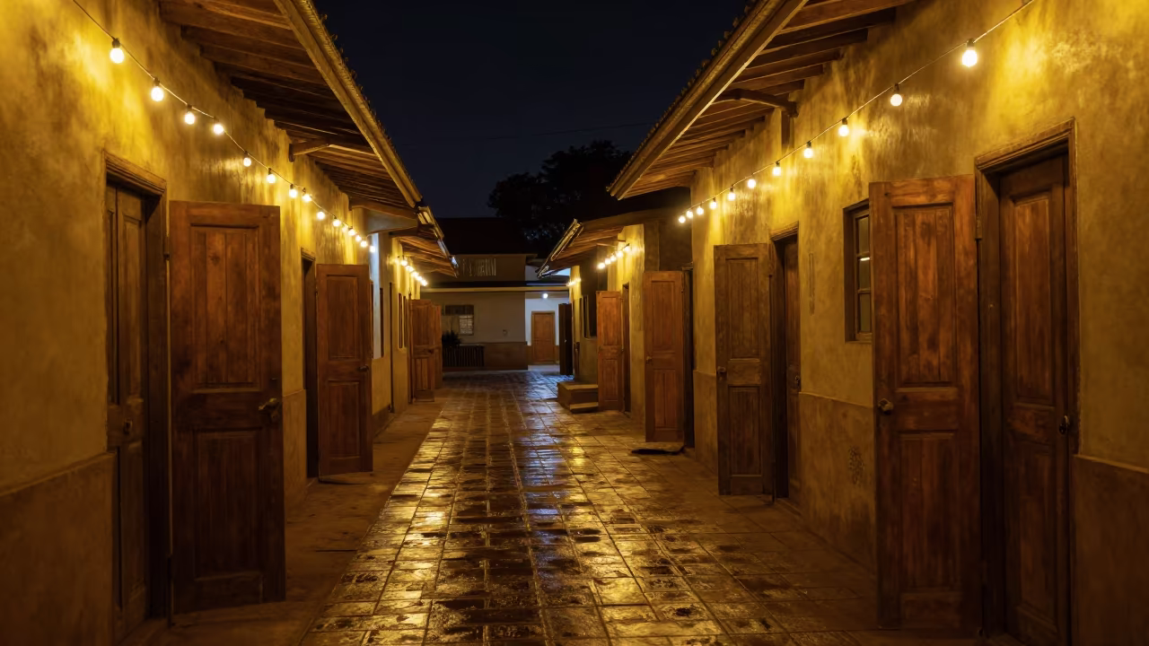 Deserted Westlands Village Night Doors Swinging in inside a skylit passageway in Westlands, Nairobi