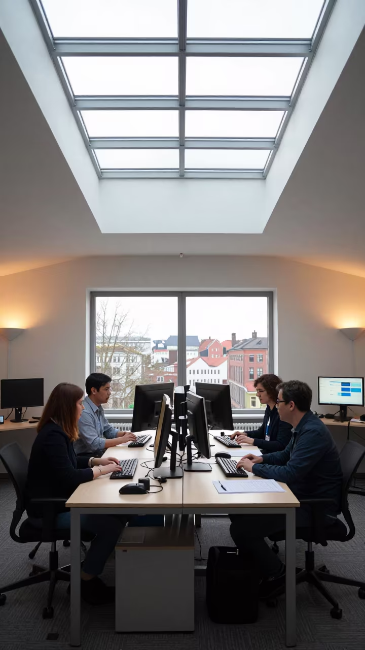 Design Review Table Office View Gothenburg Noon in in an operations center under monitor glow in Gothenburg