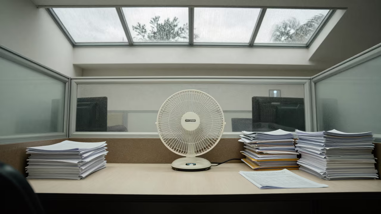 Desk Fan Before Payroll Queues in Merida in inside a meeting room set for a hiring round in Merida Venezuela