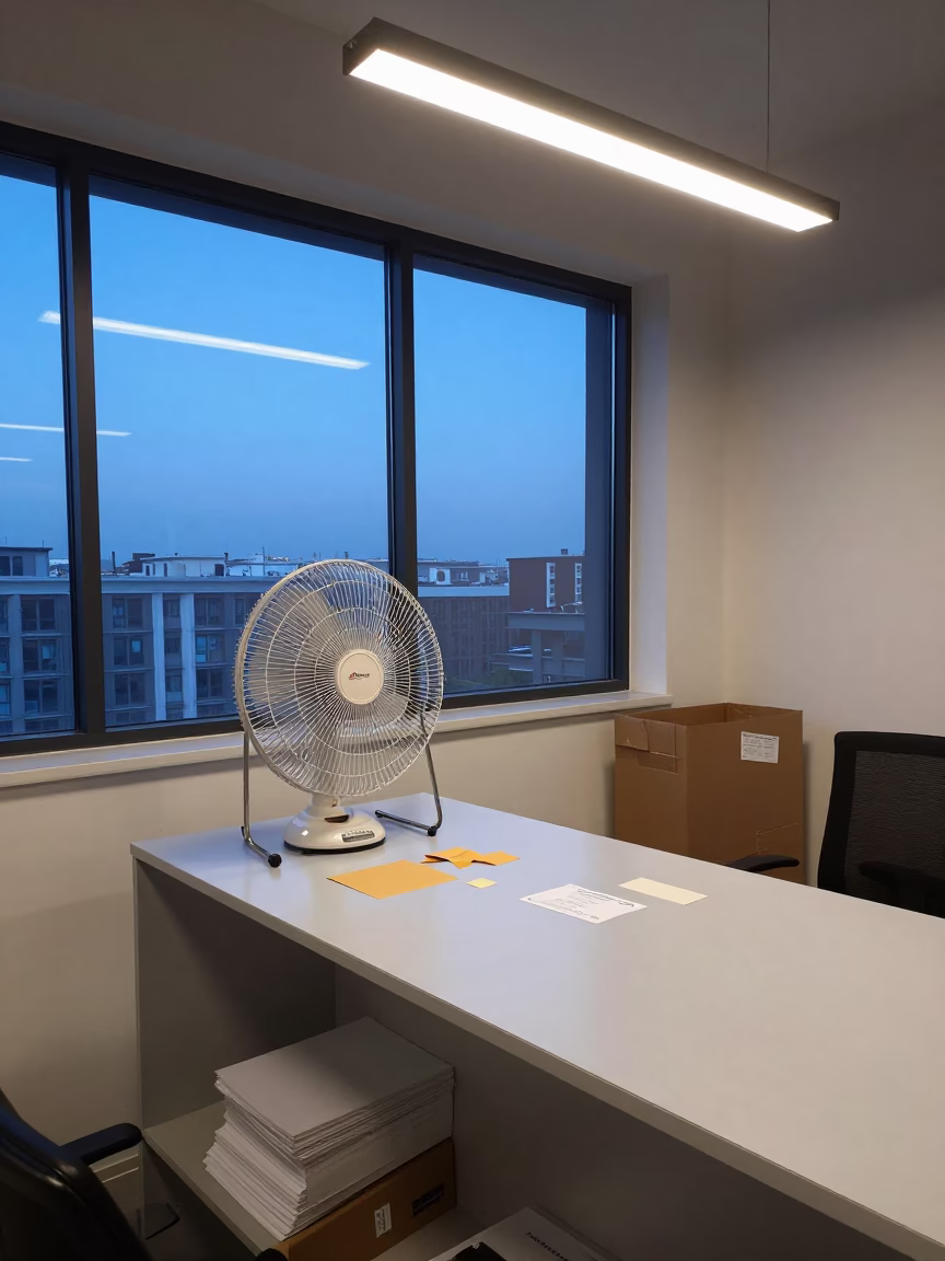 Desk Fan Repair Shelf in Winter Office Bay in inside an open-plan office bay near Adıyaman