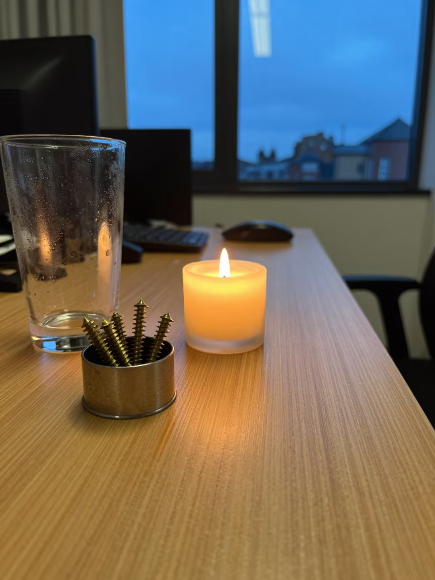 Desk Nameplate Screw Cup in Evening Candlelight in inside a coworking floor near Gloucester