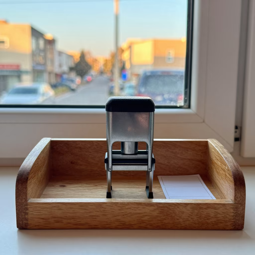 Desk Stamp Organizer on Cafe Table in Erbil Sunset in on a cafe table by a window in Erbil