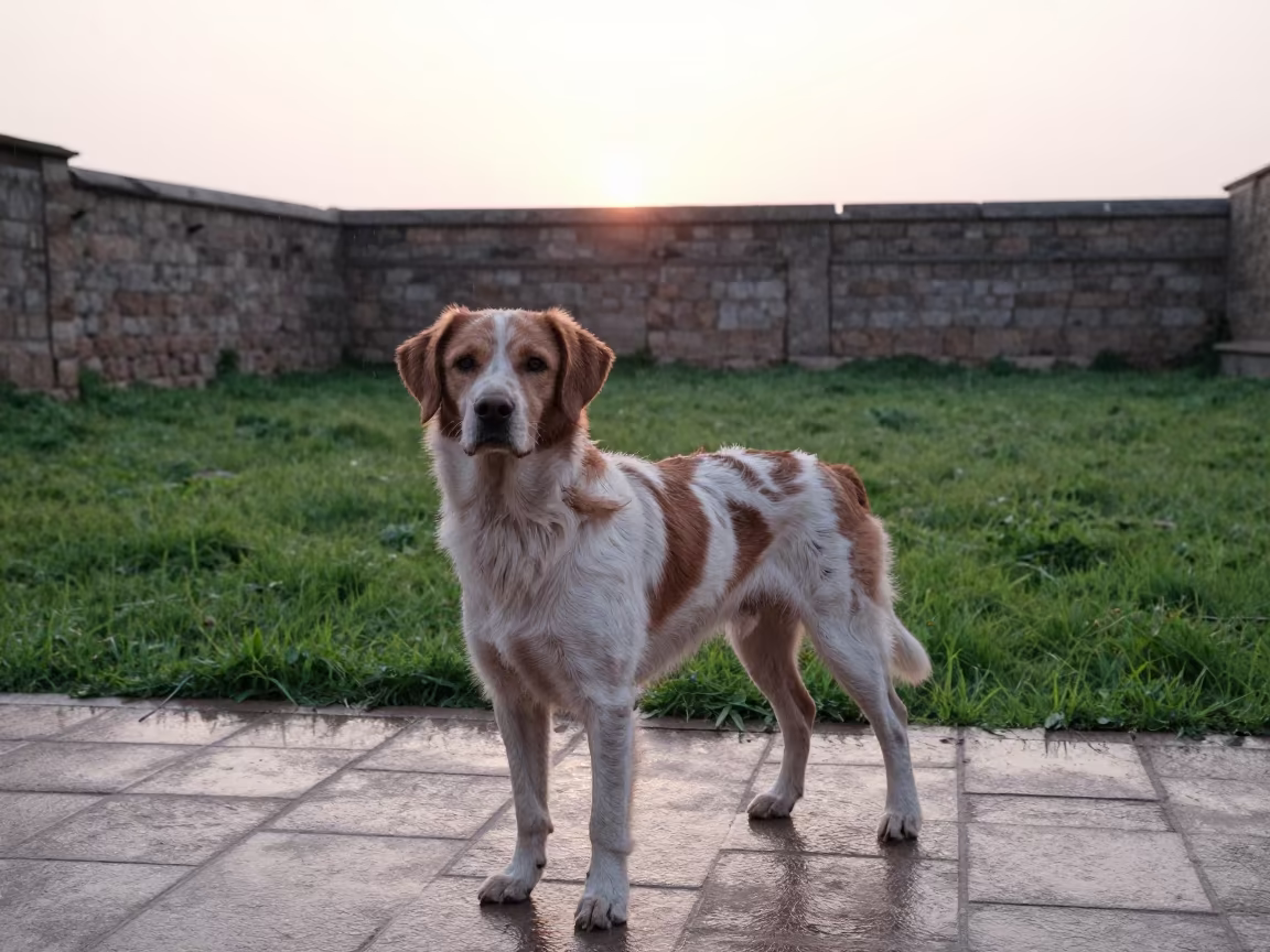 Deutscher Wachtelhund in Jodhpur Park at Sunset in in a small yard with clipped grass, calm light, and the animal centered in frame in Jodhpur