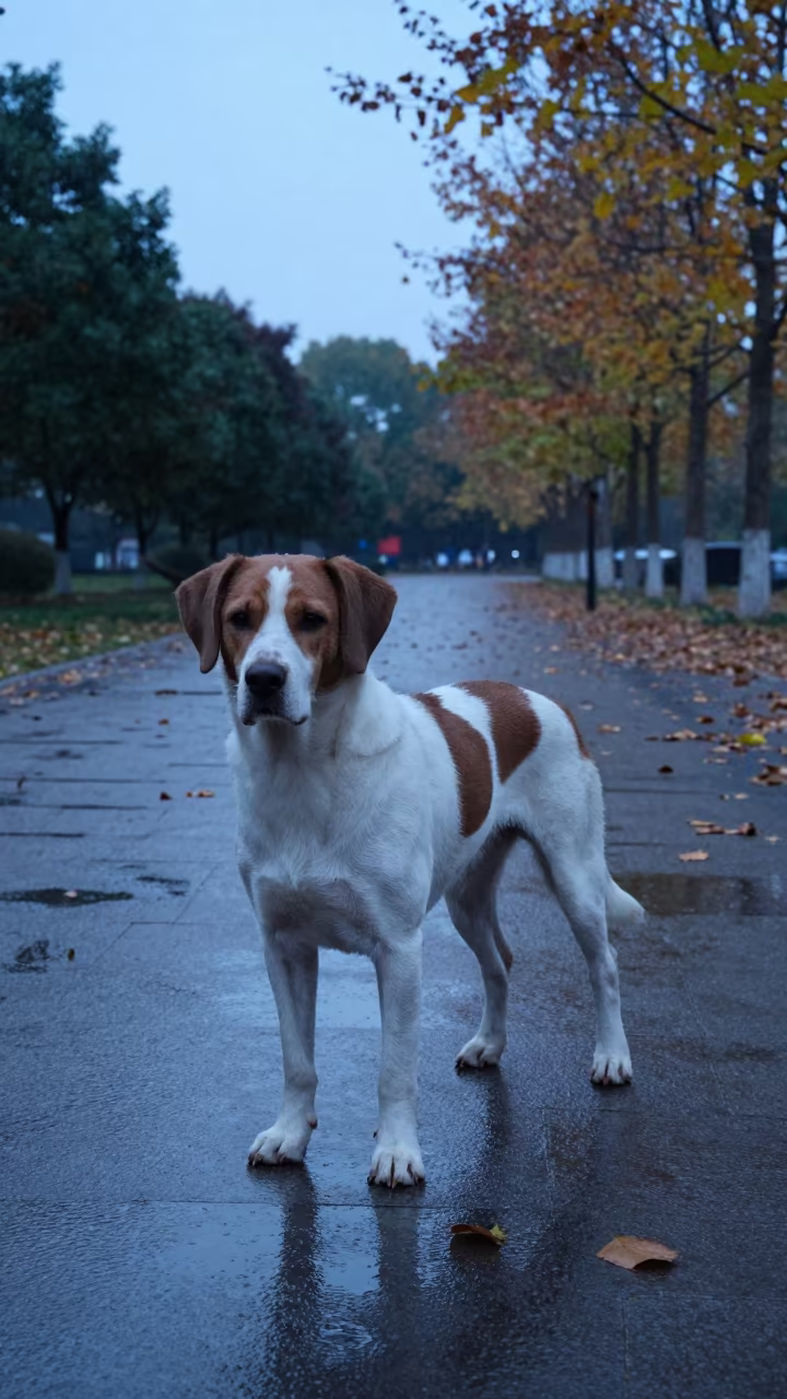 Deutscher Wachtelhund on Autumn Park Path in near a garden edge with soft morning light and an uncluttered background in Changsha