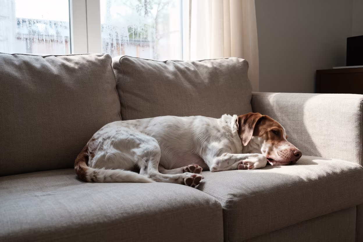 Deutscher Wachtelhund on Linen Sofa in Jhelum Light in on a linen sofa with daylight from a nearby window in Jhelum