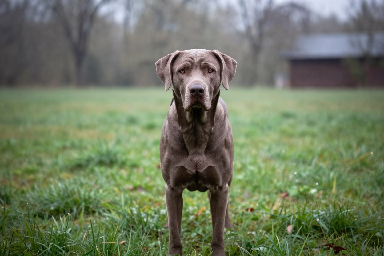 Deutscher Wachtelhund Portrait in Inhambane Yard in in a small yard with clipped grass, calm light, and the animal centered in frame in Inhambane