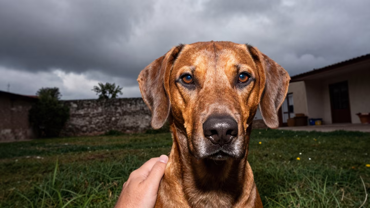 Deutscher Wachtelhund Portrait in Matamoros Yard in in a small yard with clipped grass, calm light, and the animal centered in frame in Matamoros