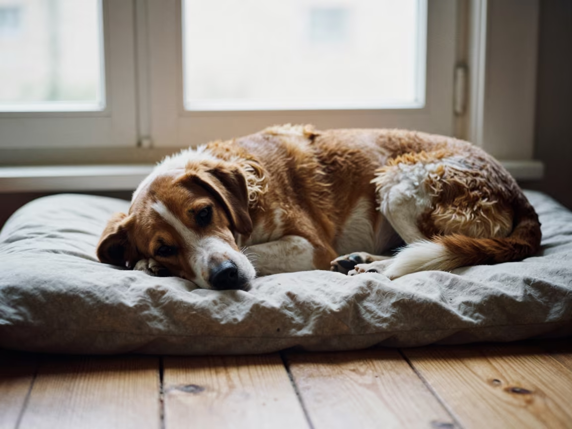 Deutscher Wachtelhund resting on bed near window in on a bedspread near a bright window with calm indoor light in Cork