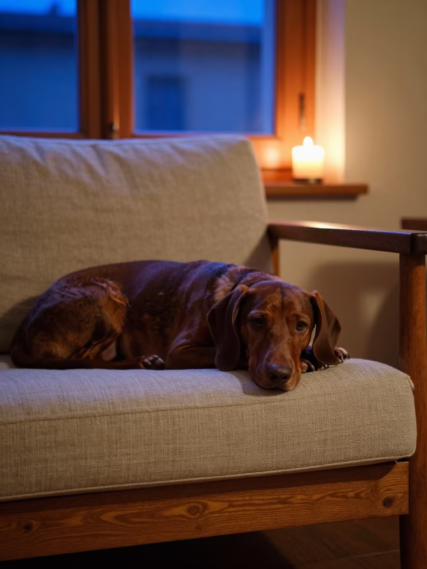 Deutscher Wachtelhund Resting on Linen Sofa in on a linen sofa with daylight from a nearby window in Bologna