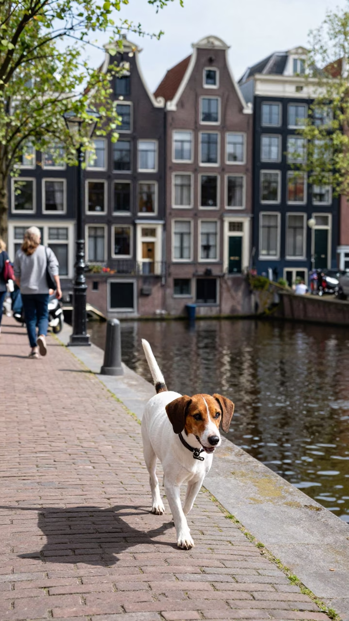 Deutscher Wachtelhund Walking Along Amsterdam Canal Houses at Midday in in Amsterdam, Netherlands