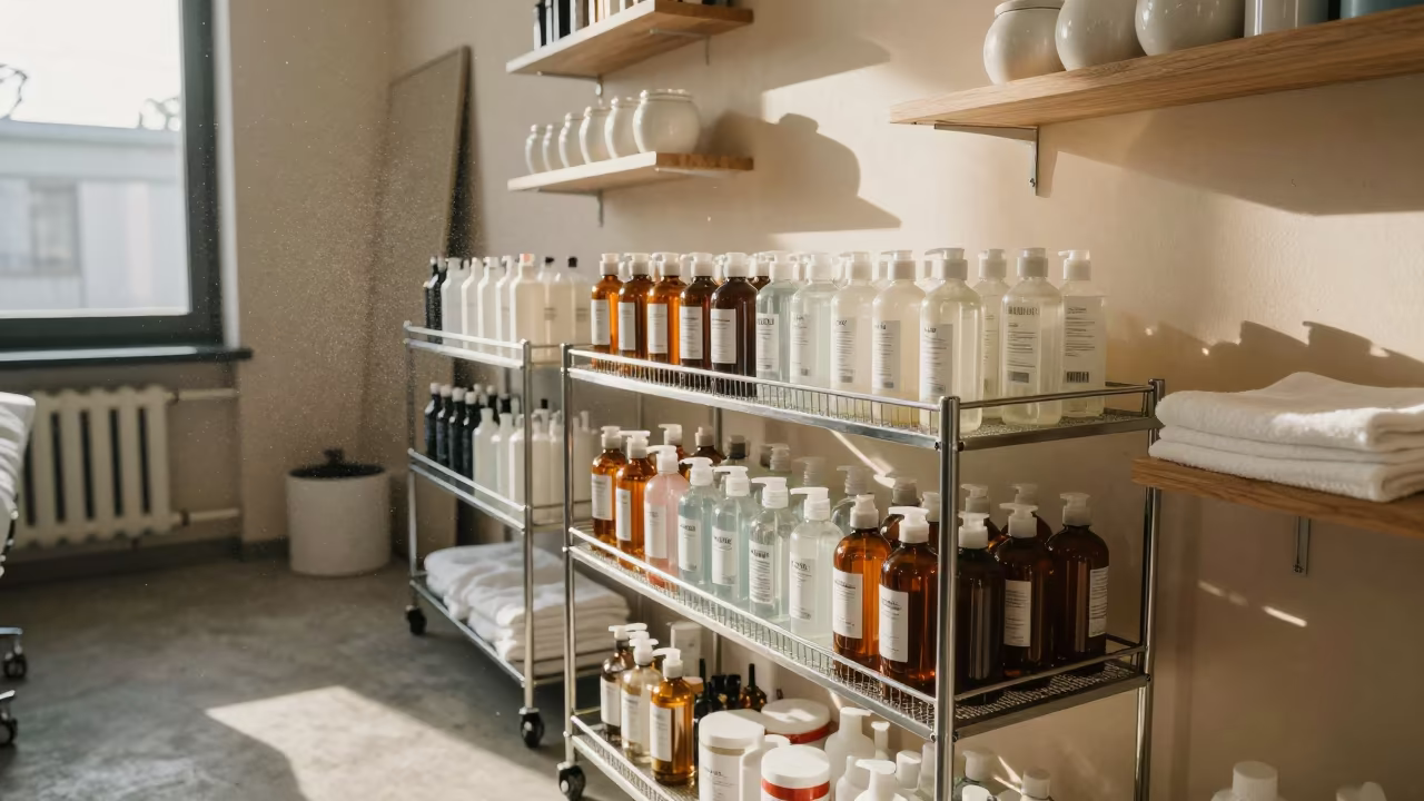 Developer Bottle Rack Skincare Room Sofia in inside a skincare treatment room near Sofia