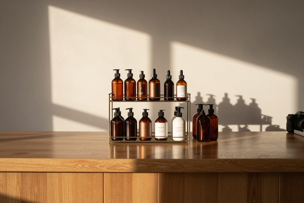 Developer Bottle Rack in Tashkent Salon in at a salon reception counter near Tashkent