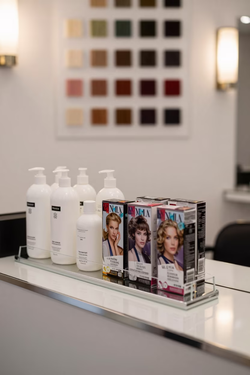 Developer Bottles and Swatches on Salon Counter in at a salon reception counter near Vrijdagmarkt, Ghent