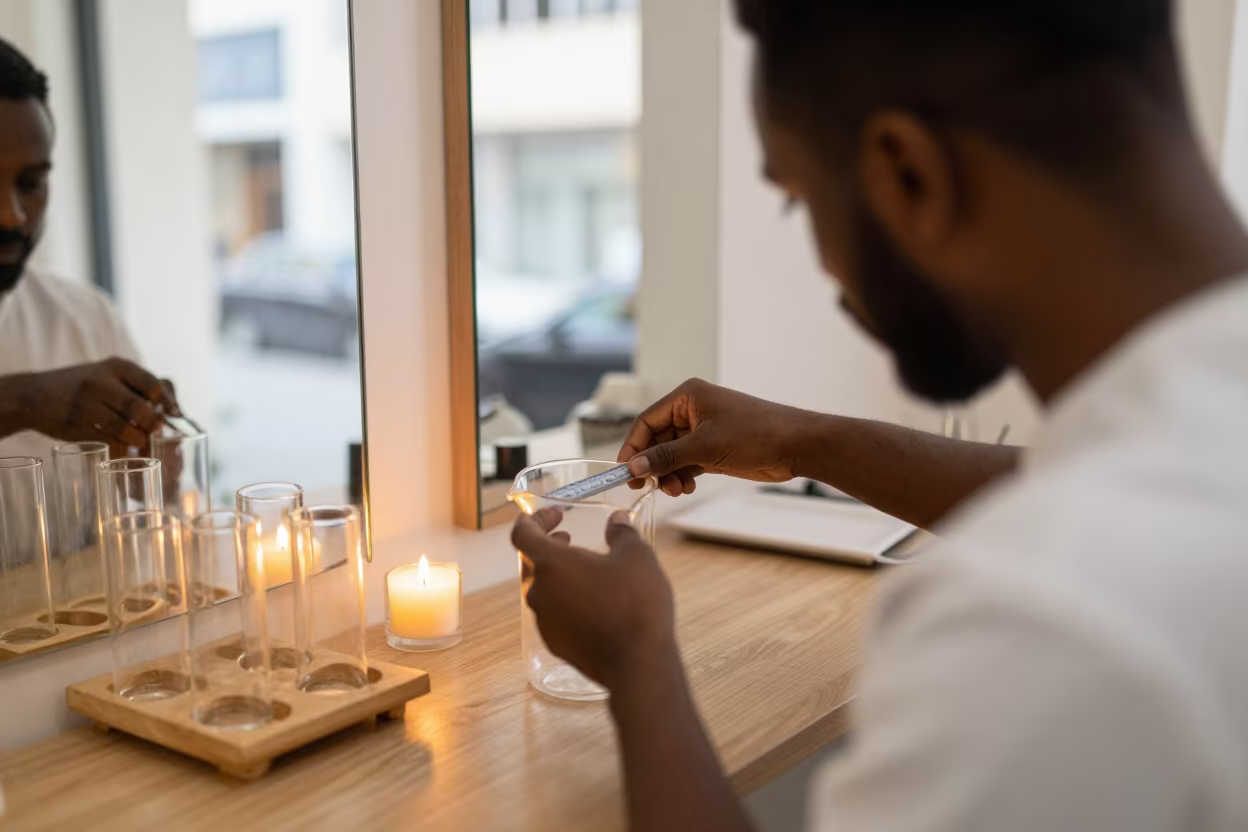 Developer Measures Beaker Tray in Salon Candlelight in inside a salon row near Nouakchott