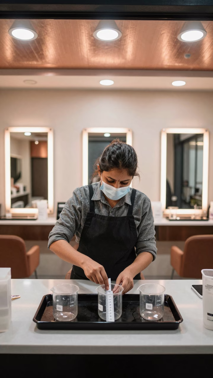 Developer Measuring Beaker Tray Under Storefront Light in in a beauty supply area under white LEDs in Moradabad