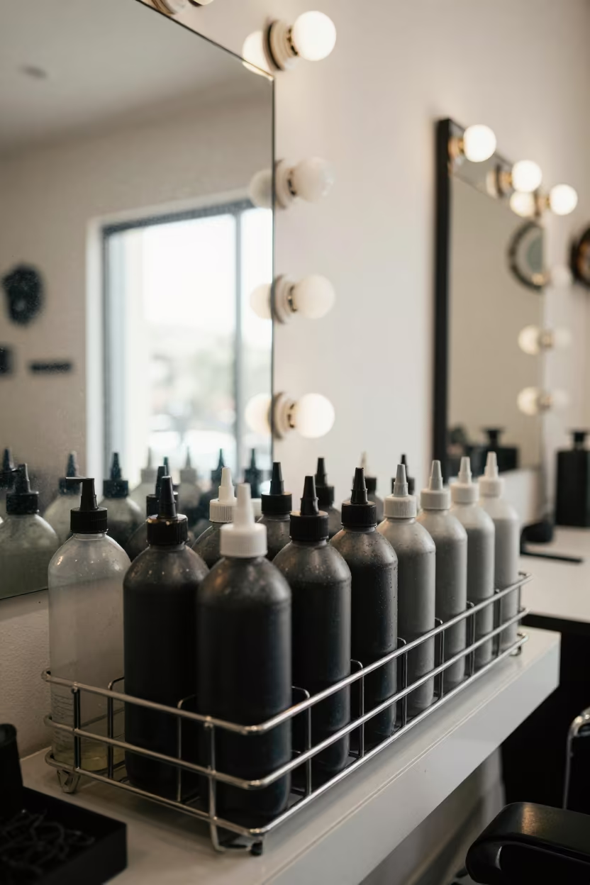 Developer Rack at Barber Station Under Noon Light in at a barber station beneath mirror bulbs in Tijuana