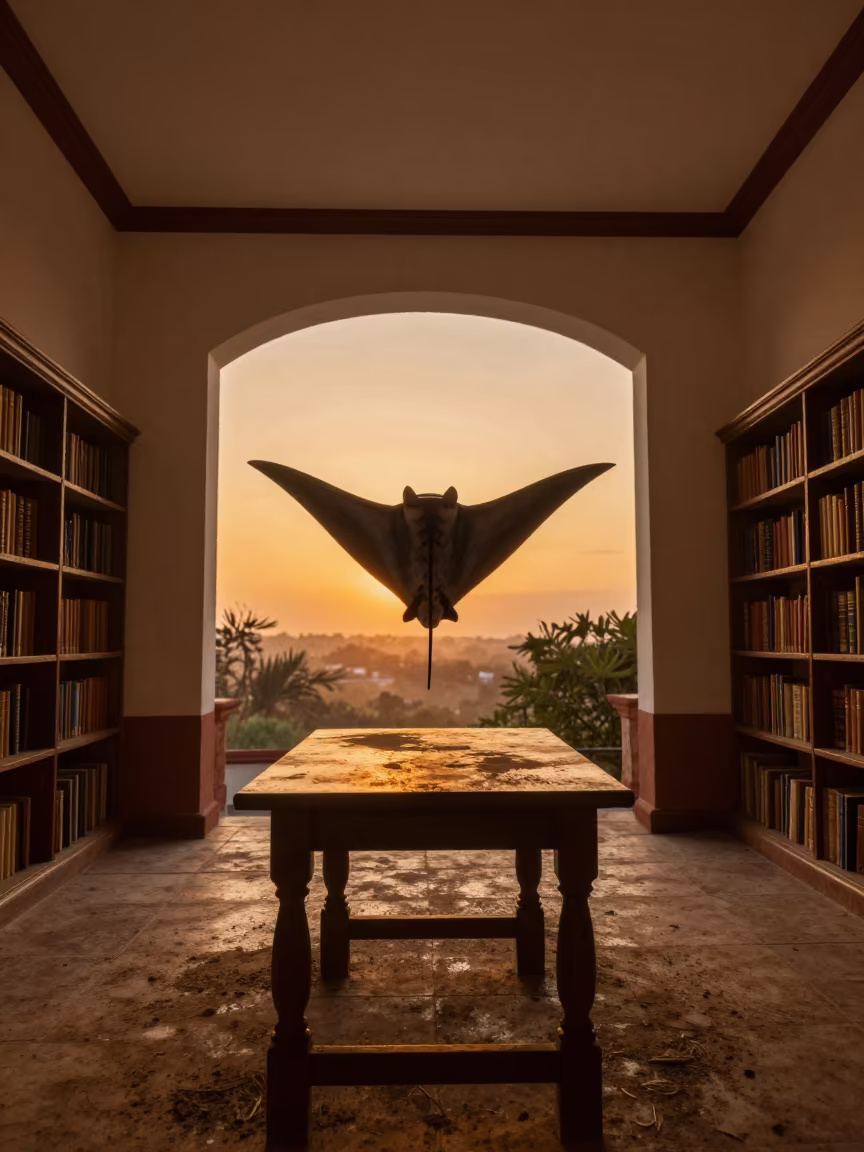 Devil Ray Leaping Amber Sunset Light in on a dusty library table in Taxco