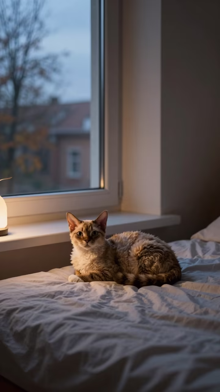 Devon Rex Cat Lounging by Window at Twilight in on a bedspread near a bright window with calm indoor light in Kharkiv