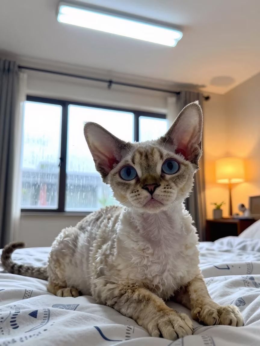 Devon Rex Cat Lounging Near Window in Kinshasa in on a bedspread near a bright window with calm indoor light in Kinshasa