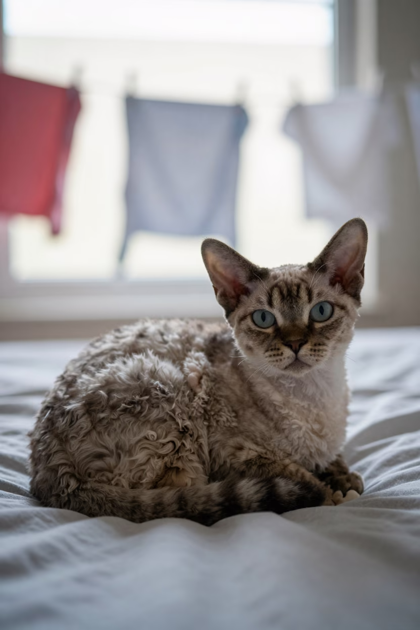 Devon Rex Cat Lounging Near Window Light in on a bedspread near a bright window with calm indoor light near San Diego