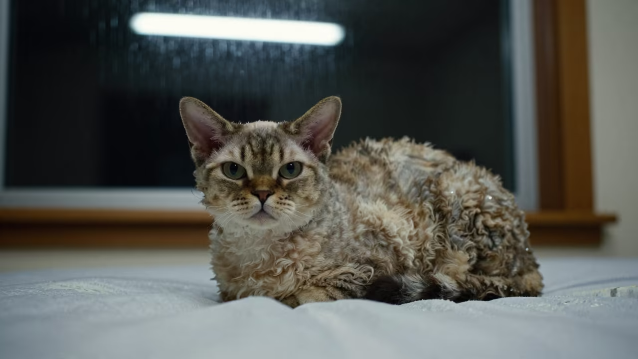 Devon Rex Cat Lounging on Bedspread Near Window in on a bedspread near a bright window with calm indoor light in Worli, Mumbai