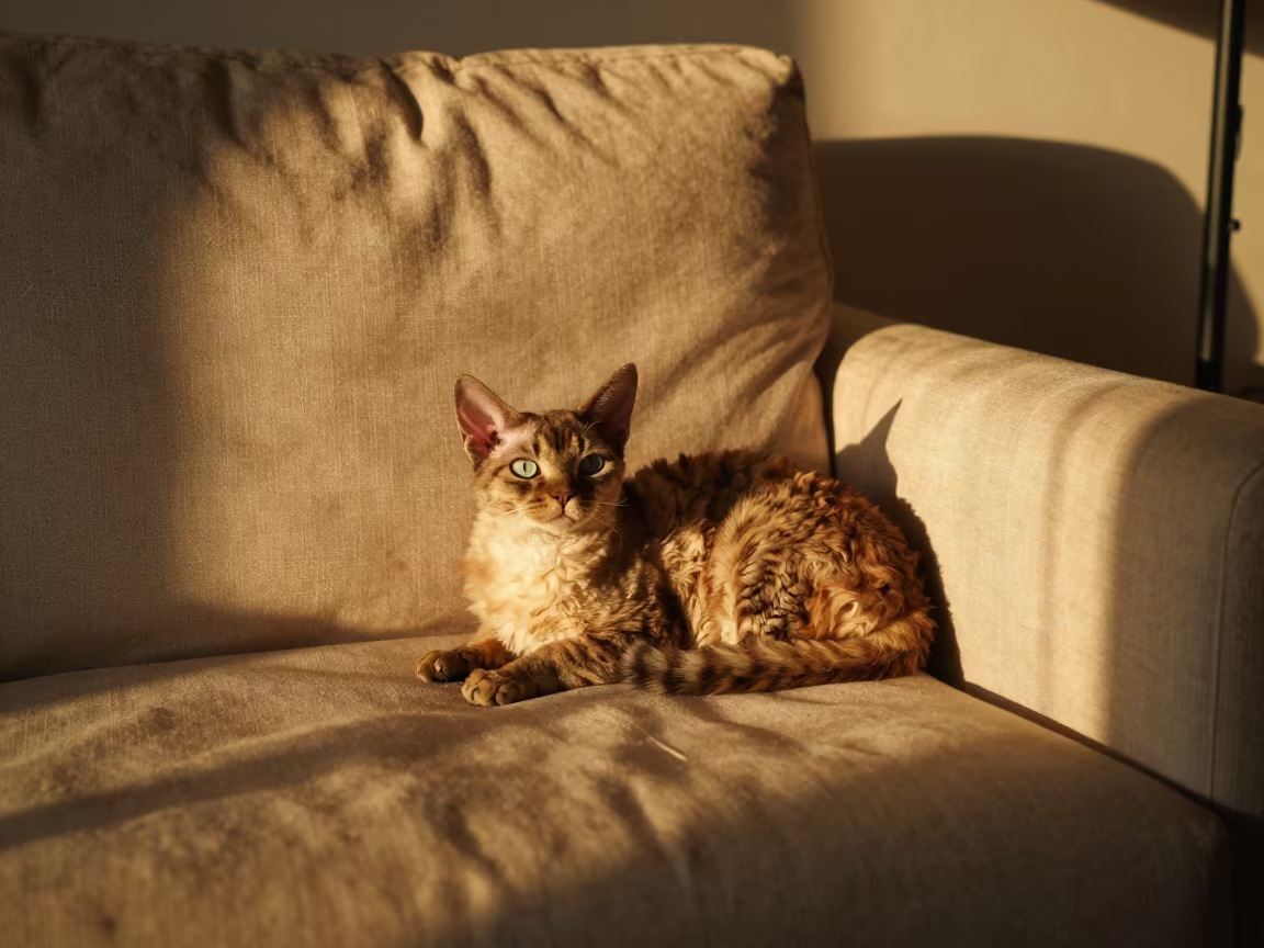 Devon Rex Cat Lounging on Linen Sofa in Badajoz in on a linen sofa with daylight from a nearby window in Badajoz