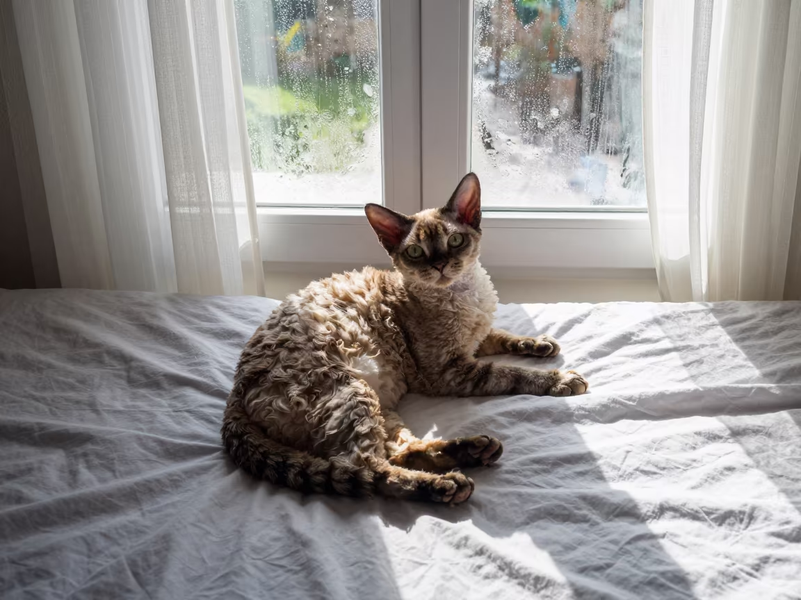 Devon Rex Cat on Bedspread Near Sunrise Window in on a bedspread near a bright window with calm indoor light in Izmir