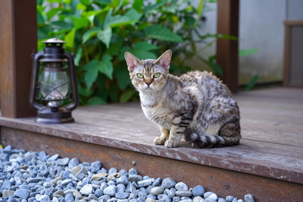 Devon Rex Cat on Monterrey Garden Porch in near a garden edge with soft morning light and an uncluttered background in Monterrey