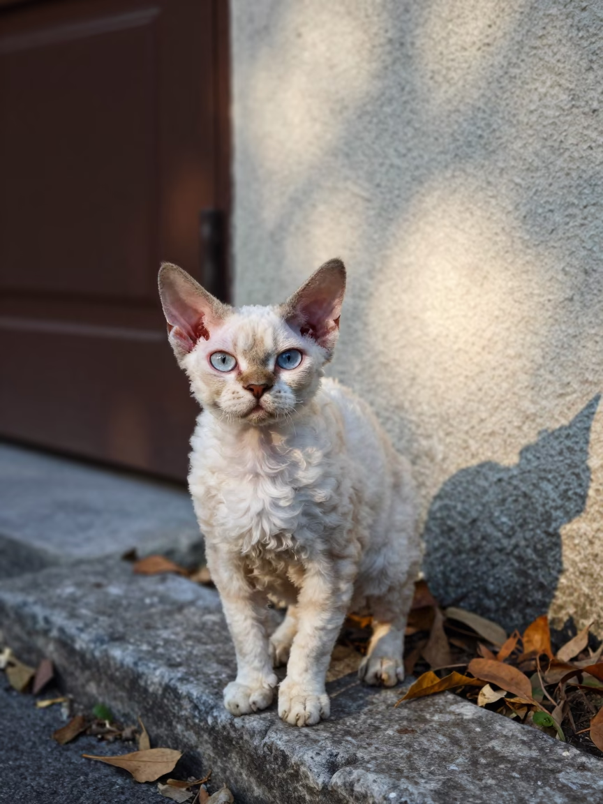 Devon Rex Cat Portrait in Trieste Morning Light in near a garden edge with soft morning light and an uncluttered background in Trieste