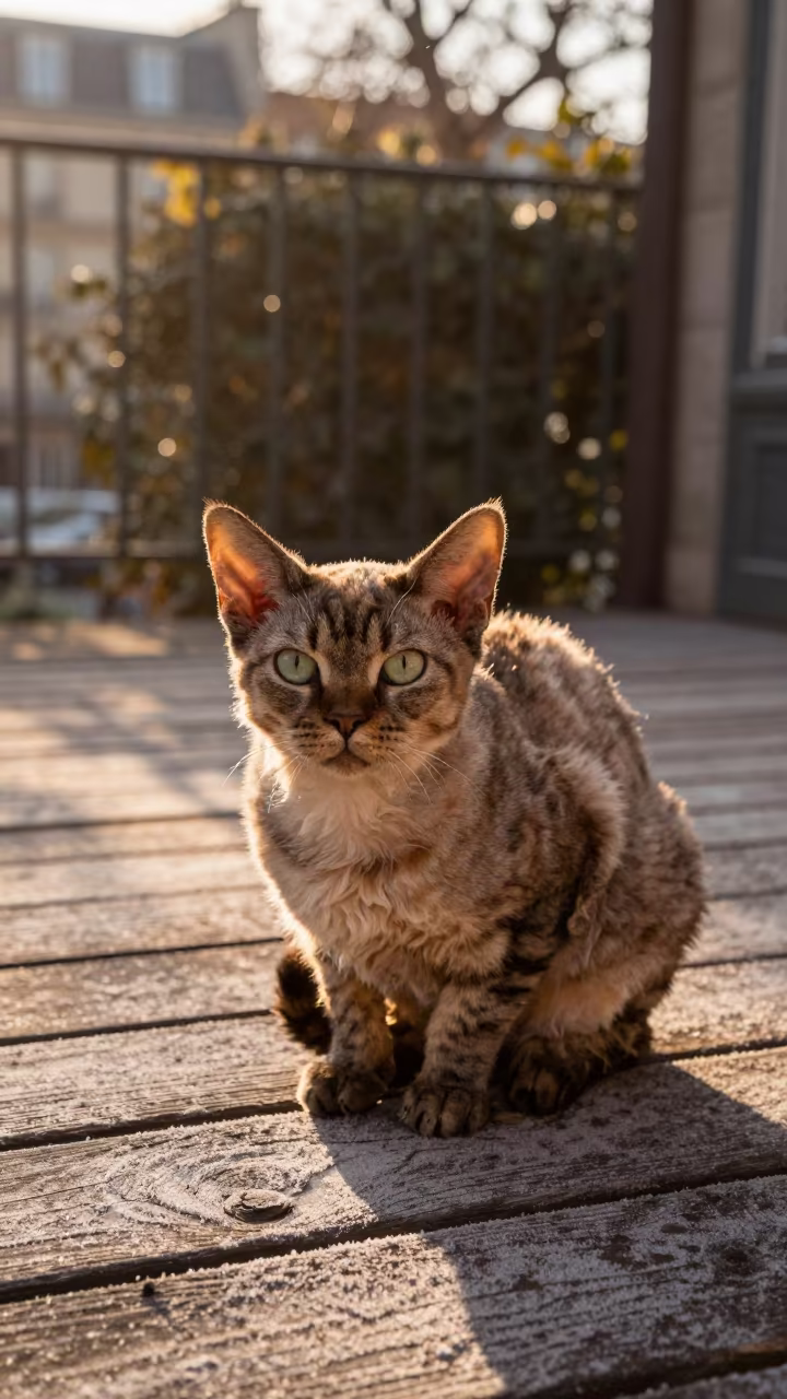 Devon Rex Cat Portrait on Parisian Porch in on a shaded front porch with boards, railings, and eye-level framing near Paris
